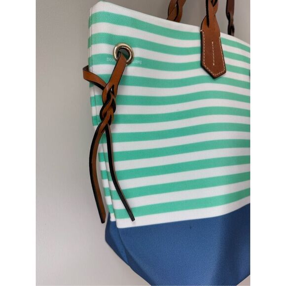 Dooney & Bourke Striped Nylon Sullivan Shopper Tote In Mint green, White, & Blue - Picture 3 of 11